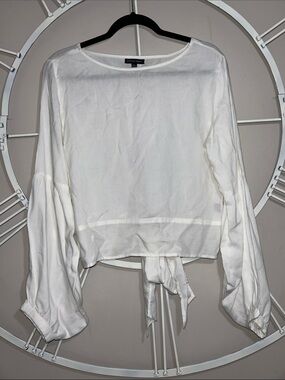 Style Envy White Tie-Front Long Balloon Sleeve Cropped Top Blouse